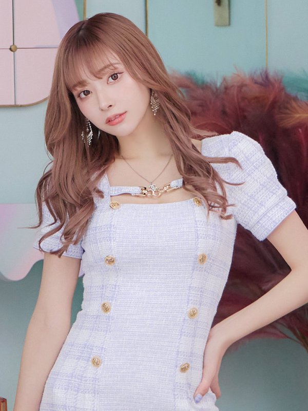 画像14: 【an/アン】ツイード/ チェック/ パフスリーブ/ 半袖/ 袖あり/ ゴールドバックル/ チェーンモチーフ/ ボタン/ タイト/ ミニドレス/ キャバドレス[OF05] (14)