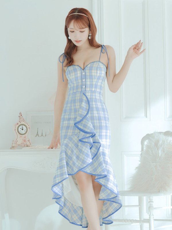 画像9: XSサイズあり【an /アン】チェック柄/ マーメイド/ フリル/ リボンショルダー/ テールカット/ ミディアム丈/ キャバドレス[OF05] (9)