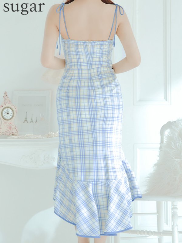 画像16: XSサイズあり【an /アン】チェック柄/ マーメイド/ フリル/ リボンショルダー/ テールカット/ ミディアム丈/ キャバドレス[OF05] (16)