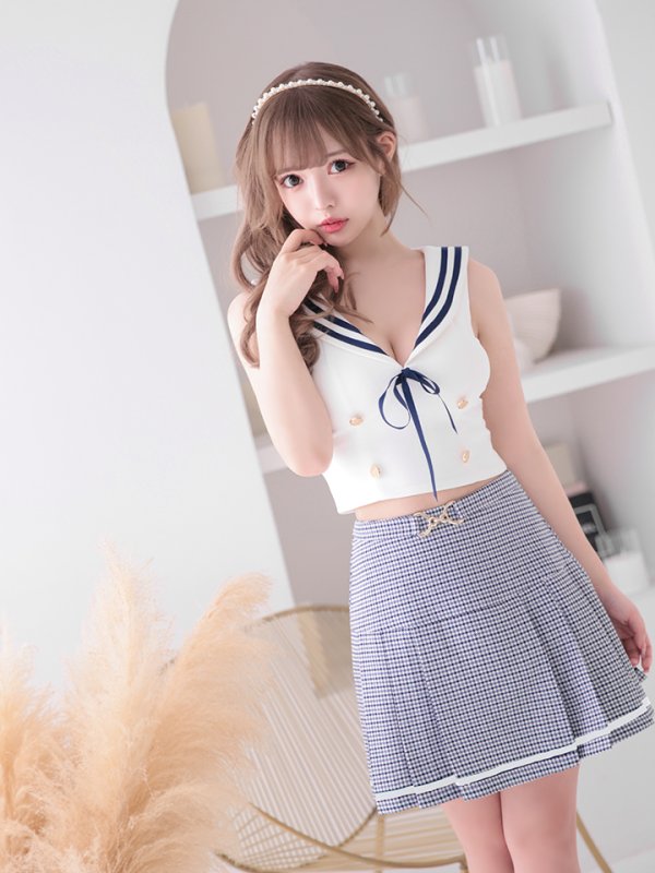 画像5: 【an/アン】セーラーカラー/ 襟付き/ セットアップ/ ノースリーブ/ ギンガムチェック/ Aライン/ フレア/ ミニドレス/ キャバドレス[OF05] (5)