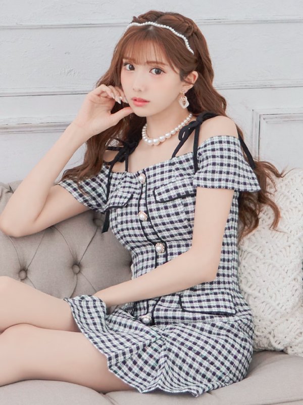画像28: 【みゆう/関西コレクション着用】【an/アン】ギンガムチェック柄/ オフショルダー/ ショルダーリボン/ パールボタン/ プリーツ/ フレア/ ミニドレス/ キャバドレス[OF05] (28)