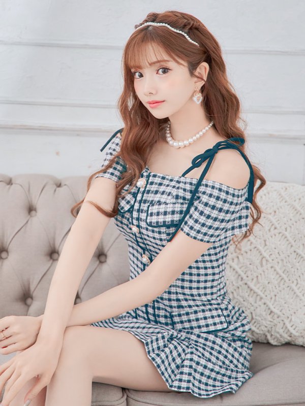 画像3: 【みゆう/関西コレクション着用】【an/アン】ギンガムチェック柄/ オフショルダー/ ショルダーリボン/ パールボタン/ プリーツ/ フレア/ ミニドレス/ キャバドレス[OF05] (3)