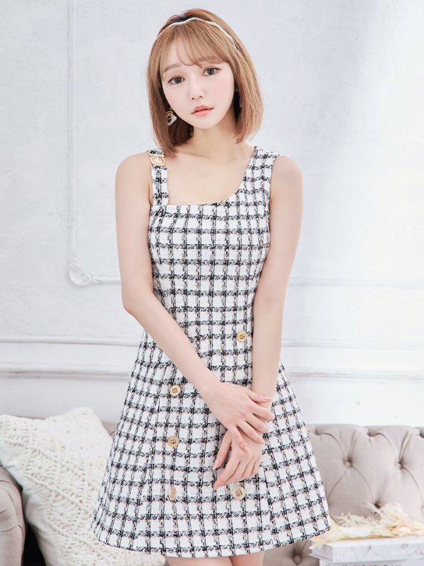 画像4: 【an/アン】チェック/ ツイード/ ボタンデザイン/ ノースリーブ/ アシンメトリー/ 台形スカート/ ミニドレス/ キャバドレス[OF05] (4)
