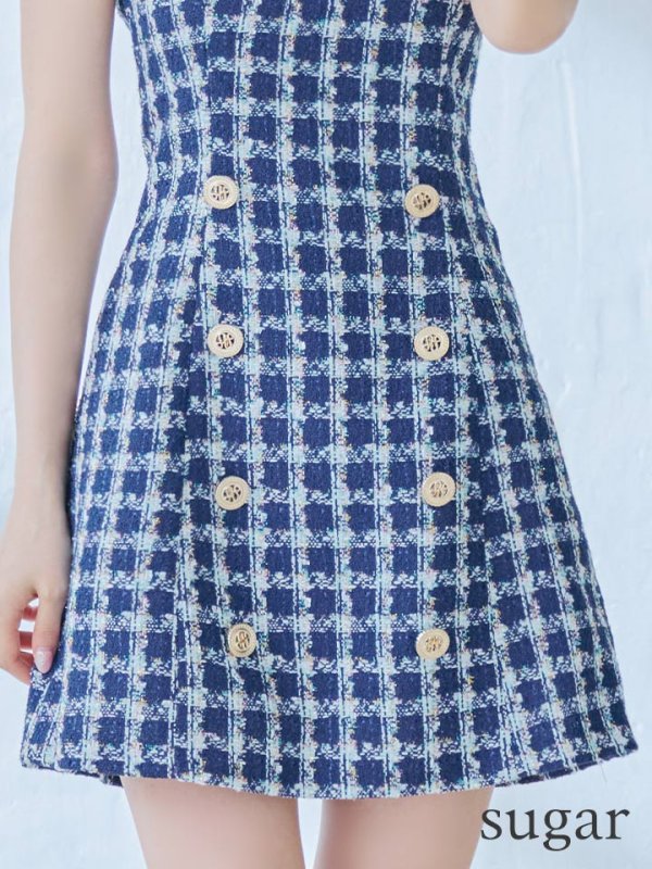 画像17: 【an/アン】チェック/ ツイード/ ボタンデザイン/ ノースリーブ/ アシンメトリー/ 台形スカート/ ミニドレス/ キャバドレス[OF05] (17)