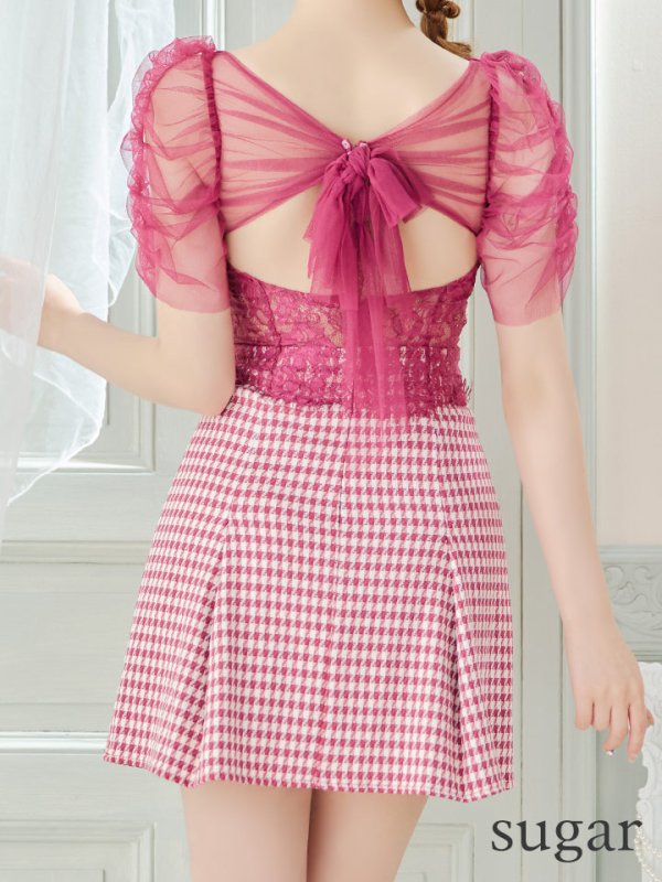 画像9: 【an /アン】チュール/ バックリボン/ 切替/ 袖あり/ 半袖/ ボックスプリーツ/ タイト/ ミニドレス/ キャバドレス[OF05] (9)