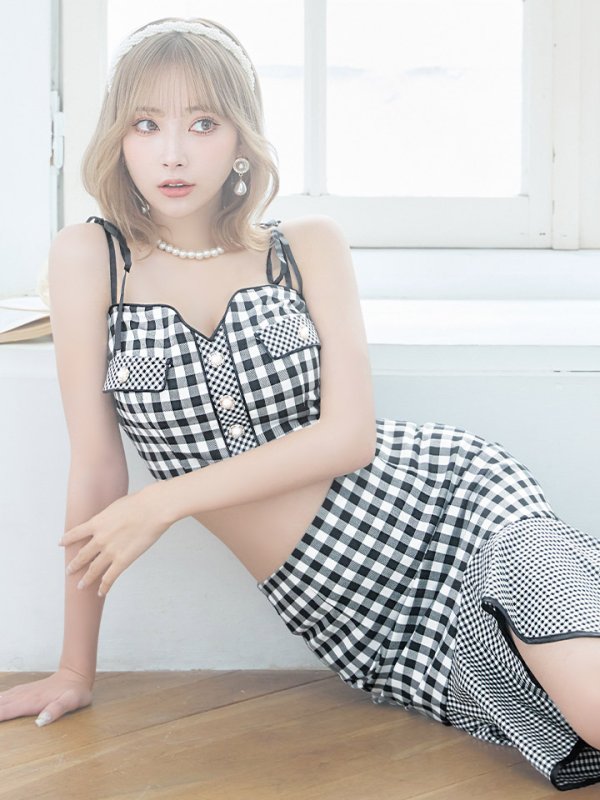 画像2: XSサイズあり【an/アン】ギンガムチェック/ マーメイド/ ショルダーリボン/ キャミソール/ セットアップ/ フィッシュテール/ フリル/ ミディアムドレス/ キャバドレス[OF05] (2)