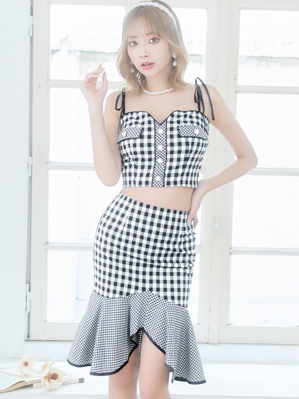 画像3: XSサイズあり【an/アン】ギンガムチェック/ マーメイド/ ショルダーリボン/ キャミソール/ セットアップ/ フィッシュテール/ フリル/ ミディアムドレス/ キャバドレス[OF05] (3)