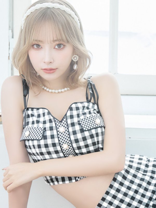 画像6: XSサイズあり【an/アン】ギンガムチェック/ マーメイド/ ショルダーリボン/ キャミソール/ セットアップ/ フィッシュテール/ フリル/ ミディアムドレス/ キャバドレス[OF05] (6)