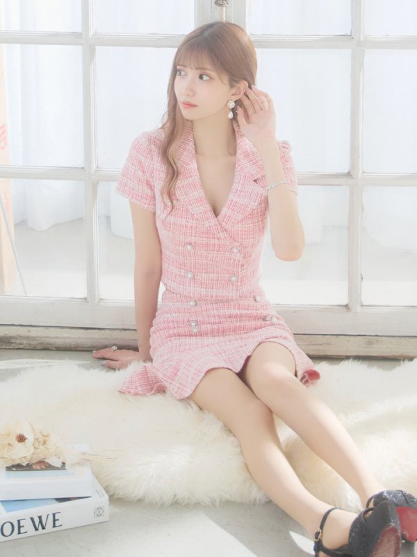 画像3: 【LIMITED SALE開催中！! 11月11日より順次発送予定】XSサイズあり【an/アン】セットアップ/ ツイード / ストレッチ/ 半袖/ 袖あり/ 裾フリル/ ミニドレス/ キャバドレス[OF05] (3)