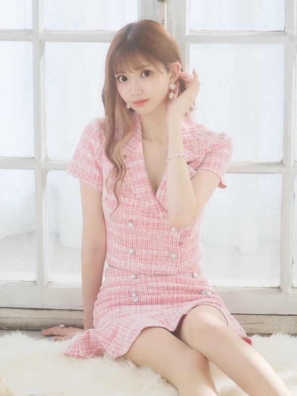 画像4: 【LIMITED SALE開催中！! 11月11日より順次発送予定】XSサイズあり【an/アン】セットアップ/ ツイード / ストレッチ/ 半袖/ 袖あり/ 裾フリル/ ミニドレス/ キャバドレス[OF05] (4)