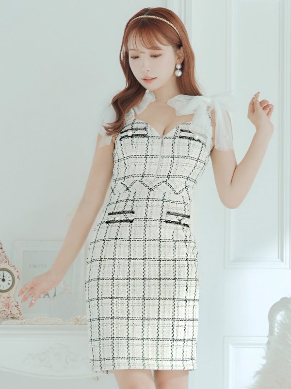 画像13: 【LIMITED SALE開催中！! 11月11日より順次発送予定】【an /アン】チェック柄/ チュール/ ショルダーリボン/ フロントジップ/ ノースリーブ/ タイト/ ミニドレス/ キャバドレス[OF05] (13)
