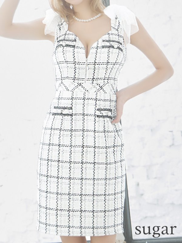 画像28: 【LIMITED SALE開催中！! 11月11日より順次発送予定】【an /アン】チェック柄/ チュール/ ショルダーリボン/ フロントジップ/ ノースリーブ/ タイト/ ミニドレス/ キャバドレス[OF05] (28)