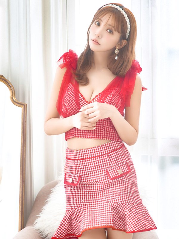 画像3: XSサイズあり【an /アン】ショルダーリボン/ 千鳥柄/ チェック/ ノースリーブ/ ポケットデザイン/ 裾フリル/ マーメイド/ ミニドレス/ キャバドレス[OF05] (3)