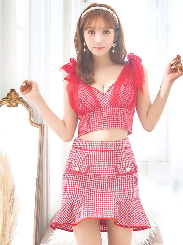 画像5: XSサイズあり【an /アン】ショルダーリボン/ 千鳥柄/ チェック/ ノースリーブ/ ポケットデザイン/ 裾フリル/ マーメイド/ ミニドレス/ キャバドレス[OF05] (5)