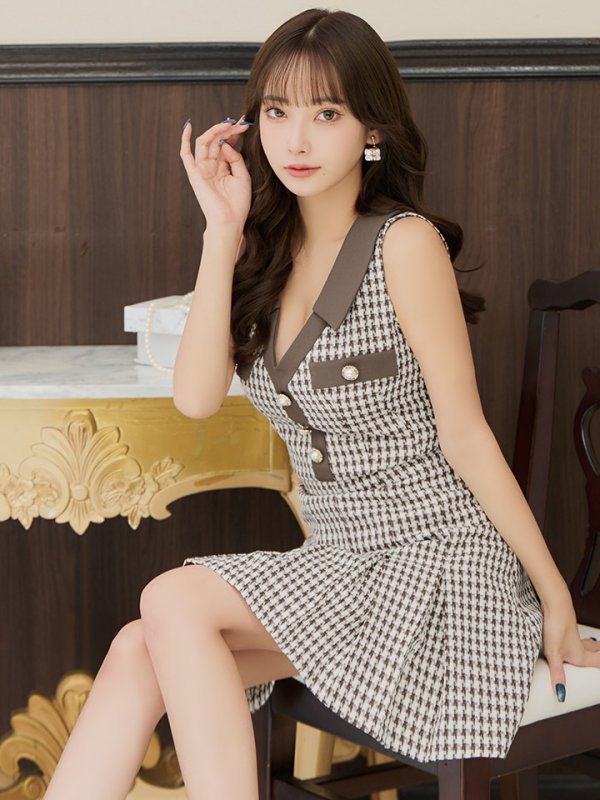 画像19: XSサイズあり 【an /アン】千鳥柄/ チェック/ 襟付き/ ボタン/ ノースリーブ/ プリーツ/ フレア/ ミニドレス/ キャバドレス[OF05] (19)