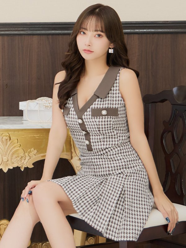 画像21: XSサイズあり 【an /アン】千鳥柄/ チェック/ 襟付き/ ボタン/ ノースリーブ/ プリーツ/ フレア/ ミニドレス/ キャバドレス[OF05] (21)