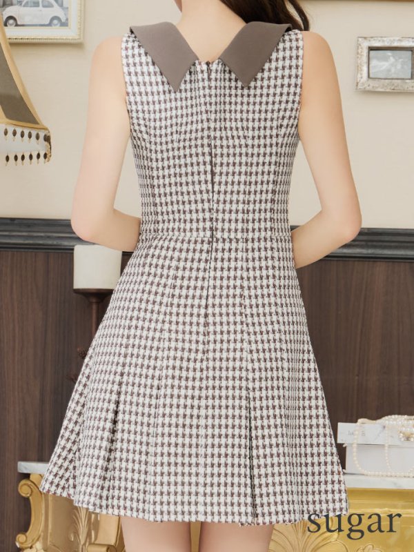 画像25: XSサイズあり 【an /アン】千鳥柄/ チェック/ 襟付き/ ボタン/ ノースリーブ/ プリーツ/ フレア/ ミニドレス/ キャバドレス[OF05] (25)