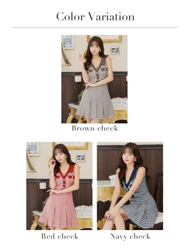 画像33: XSサイズあり 【an /アン】千鳥柄/ チェック/ 襟付き/ ボタン/ ノースリーブ/ プリーツ/ フレア/ ミニドレス/ キャバドレス[OF05] (33)