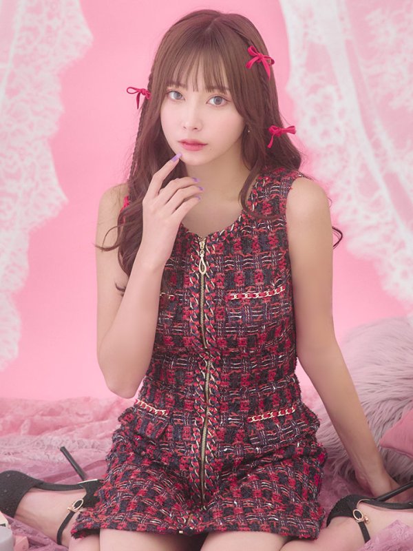 画像3: XSサイズあり【an/アン】チェック柄/ ツイード/ フロントジップ/ チェーン/ ポケットデザイン/ Aライン/ ミニドレス/ キャバドレス[OF05] (3)