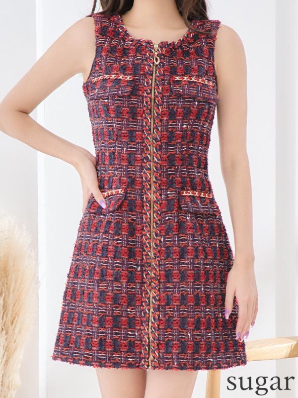画像8: XSサイズあり【an/アン】チェック柄/ ツイード/ フロントジップ/ チェーン/ ポケットデザイン/ Aライン/ ミニドレス/ キャバドレス[OF05] (8)