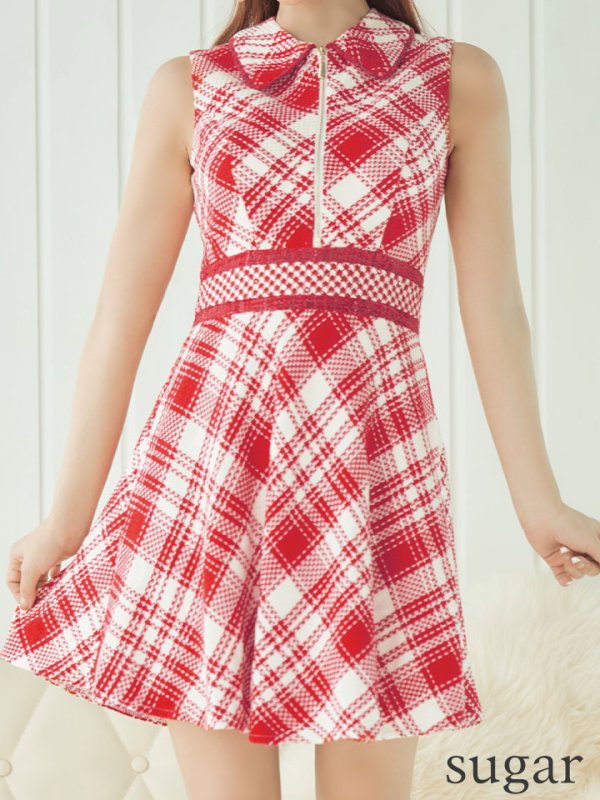 画像7: XSサイズあり 【an /アン】フロントジップ/ チェック/ ツイード/ 襟付き/ ノースリーブ/  フレア/ ミニドレス/ キャバドレス[OF05] (7)