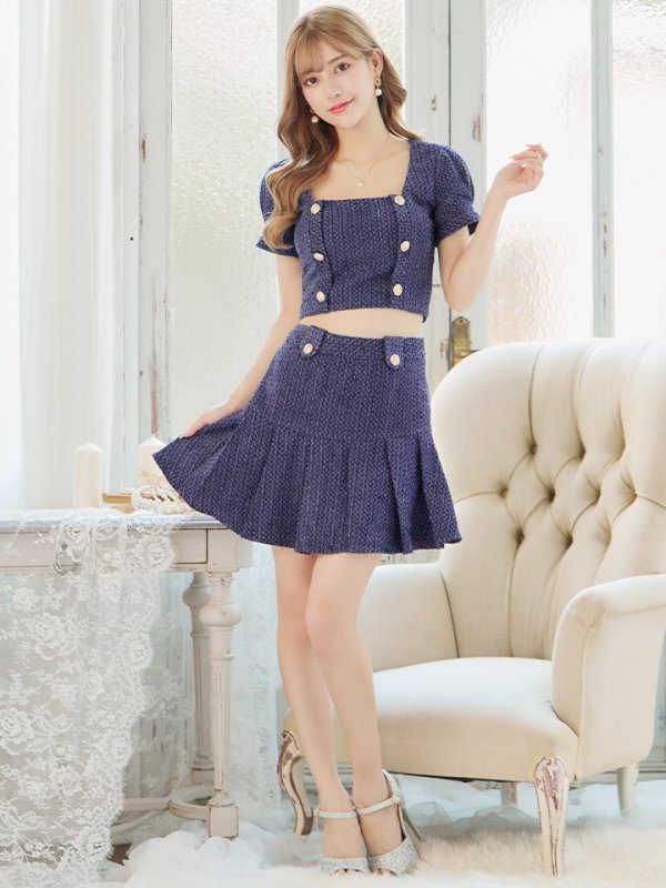 画像14: XSサイズあり【an/アン】ツイード/ ボタンデザイン/ 半袖/ 袖あり/ パフスリーブ/ セットアップ/ プリーツ/ ミニドレス/ キャバドレス[OF05] (14)