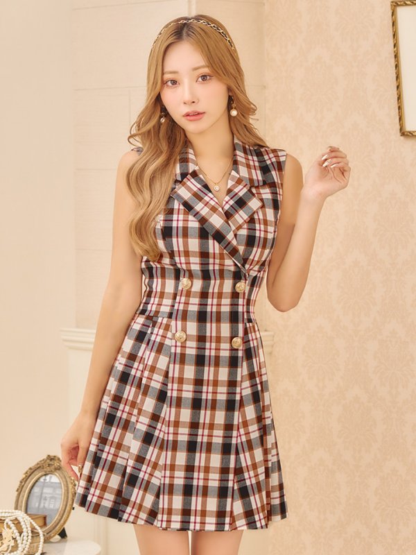 画像4: 【LIMITED SALE開催中！! 11月11日より順次発送予定】XSサイズあり【an/アン】襟付き/ チェック/ ジャケット風/ ノースリーブ/ ボタン/ プリーツ/ フレア/ ワンピース/ ミニドレス/ キャバドレス[OF05] (4)