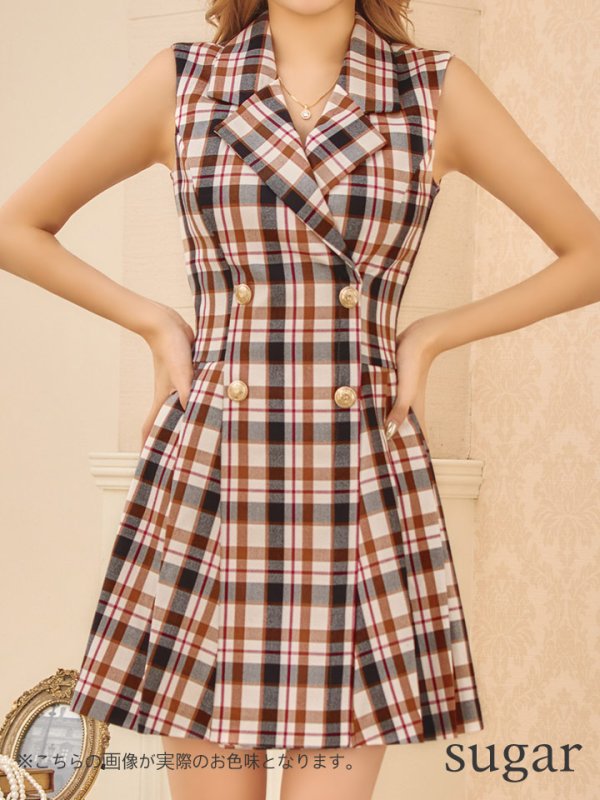 画像10: 【LIMITED SALE開催中！! 11月11日より順次発送予定】XSサイズあり【an/アン】襟付き/ チェック/ ジャケット風/ ノースリーブ/ ボタン/ プリーツ/ フレア/ ワンピース/ ミニドレス/ キャバドレス[OF05] (10)