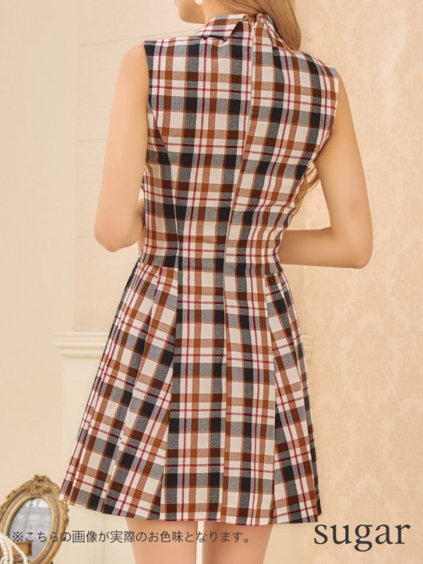 画像11: 【LIMITED SALE開催中！! 11月11日より順次発送予定】XSサイズあり【an/アン】襟付き/ チェック/ ジャケット風/ ノースリーブ/ ボタン/ プリーツ/ フレア/ ワンピース/ ミニドレス/ キャバドレス[OF05] (11)