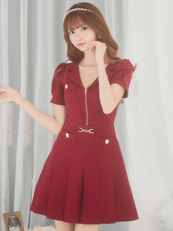 画像11: XSサイズあり 【an /アン】フロントジップ/ ワンカラー/ パフスリーブ/ 襟付き/ ベルト付き/ プリーツスカート/ ミニドレス/ キャバドレス[OF05] (11)