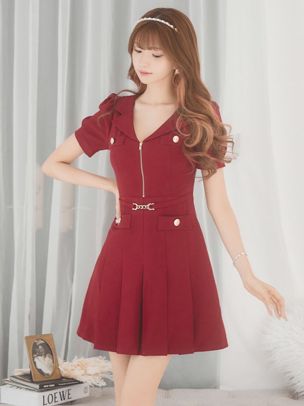 画像13: XSサイズあり 【an /アン】フロントジップ/ ワンカラー/ パフスリーブ/ 襟付き/ ベルト付き/ プリーツスカート/ ミニドレス/ キャバドレス[OF05] (13)