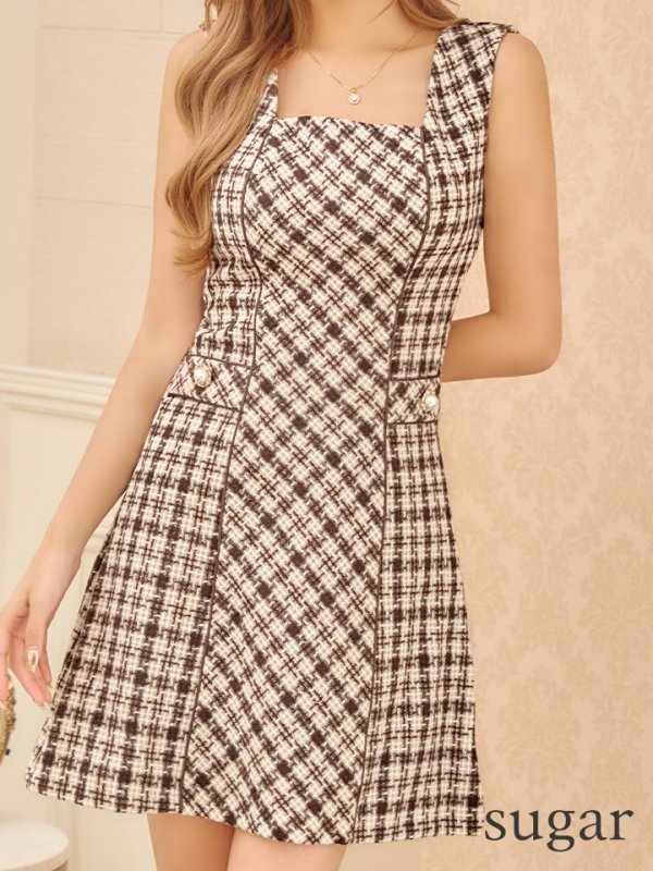 画像16: 【LIMITED SALE開催中！! 11月11日より順次発送予定】XSサイズあり 【an /アン】チェック柄/ スクエアネック/ ノースリーブ/ ポケットデザイン/ Aライン/ ミニドレス/ キャバドレス[OF05] (16)