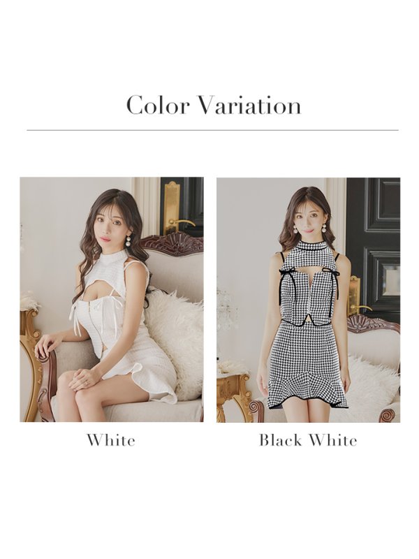 画像27: XSサイズあり【an /アン】セットアップ/ 千鳥柄/ ツイード/ ボタン/ フロントジップ/ キャミソール/ リボン/ カットアウト/ 裾フリル/ ミニドレス/ キャバドレス[OF05] (27)