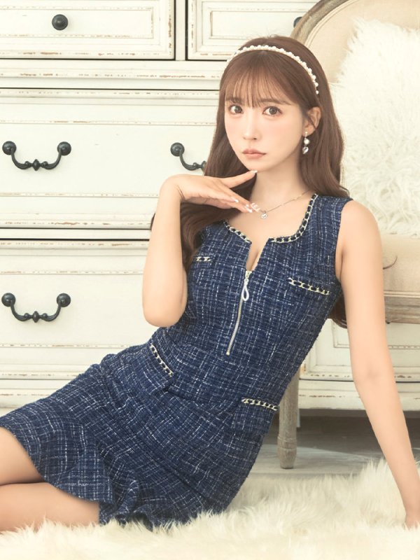 画像11: XSサイズあり【an/アン】フロントジップ/ チェック/ ツイード/ ノースリーブ/ チェーンパイピング/ タイト/ ミニドレス/ キャバドレス[OF05] (11)