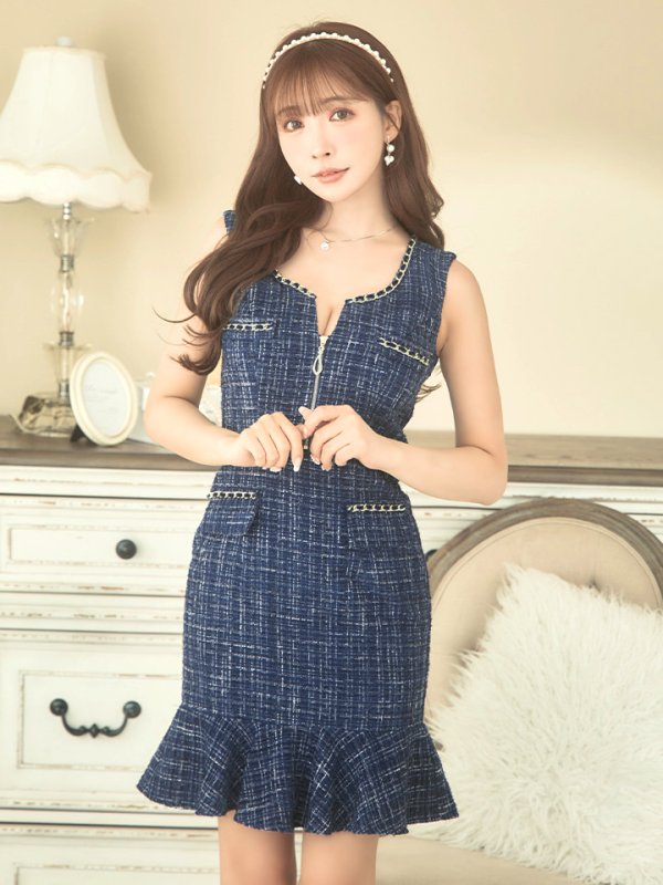 画像13: XSサイズあり【an/アン】フロントジップ/ チェック/ ツイード/ ノースリーブ/ チェーンパイピング/ タイト/ ミニドレス/ キャバドレス[OF05] (13)