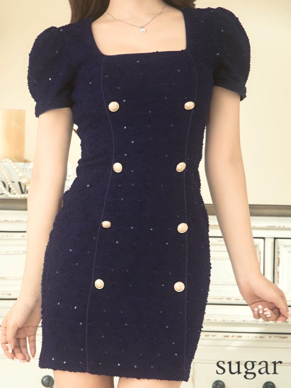 画像18: XSサイズあり【an /アン】襟付き/ スパンコール/ ボタン/ 半袖/ パフスリーブ/タイト/ ミニドレス/ キャバドレス[OF05] (18)