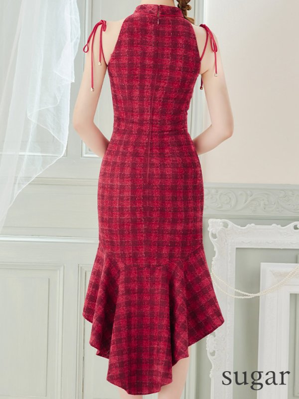 画像18: XSサイズあり【an /アン】チェック柄/ ハイネック/ フロントジップ/ カットアウト/ ベルト/ ノースリーブ/ テールカット/ マーメイド/ ミディアムドレス/ キャバドレス[OF05] (18)