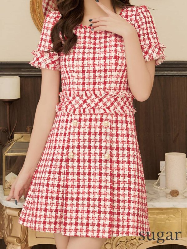 画像8: XSサイズあり【an/アン】チェック柄/ ツイード/ ボートネック/ ボタンデザイン/ 半袖/ 袖あり/ Aライン/ 台形スカート/ ミニドレス/ キャバドレス[OF05] (8)