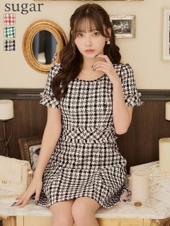 【an/アン】チェック柄/ ツイード/ ボートネック/ ボタンデザイン/ 半袖/ 袖あり/ Aライン/ 台形スカート/ ミニドレス/ キャバドレス