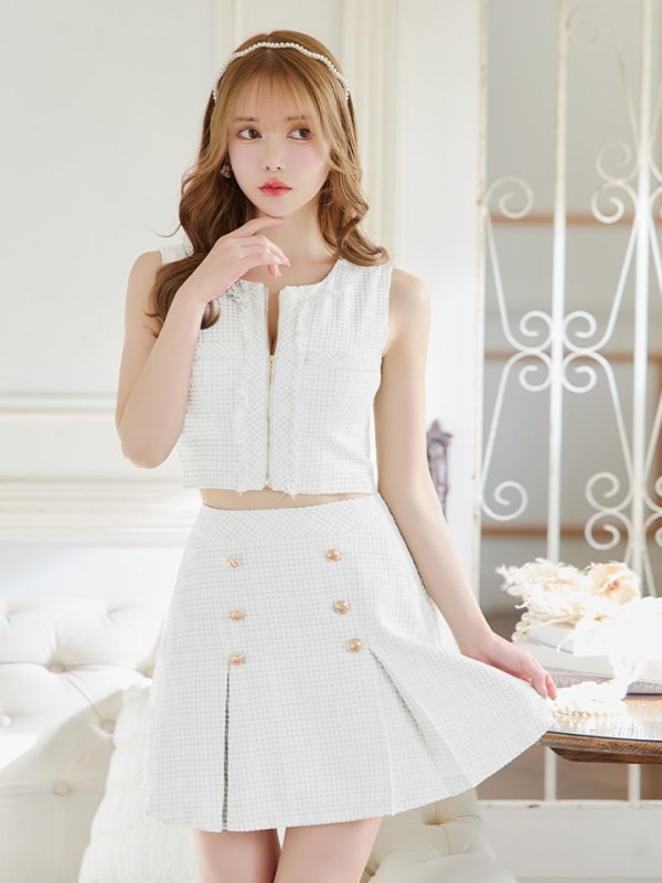 画像21: XSサイズあり【an /アン】 ツイードチェック/ セットアップ/ フロントジップ/ ボックスプリーツ/ ミニドレス/ キャバドレス[OF05] (21)