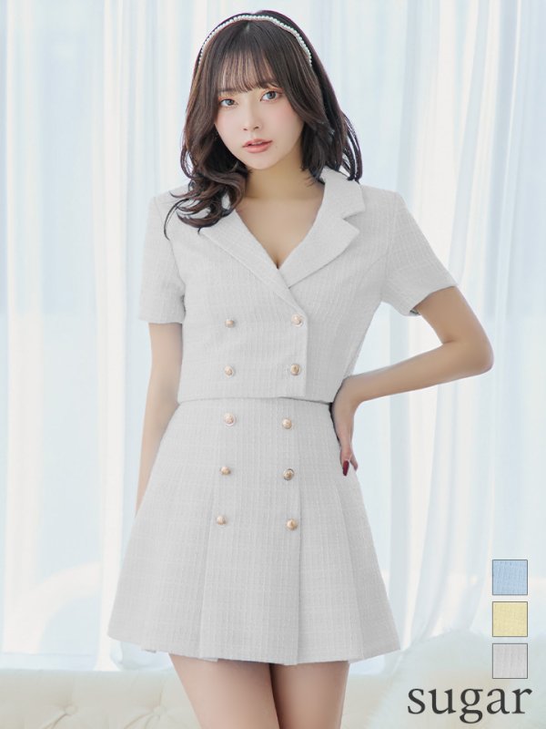 【an /アン】襟付き/ ボタン/ 袖あり/ ショートスリーブ/ プリーツ/ Aライン/ セットアップ/ ミニドレス/ キャバドレス[OF05]　ホワイト