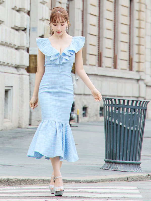 画像13: XSサイズあり【an /アン】チェック/ フリル/ ノースリーブ/ フロントジップ/ マーメイド/ ミディアムドレス / キャバドレス[OF05] (13)