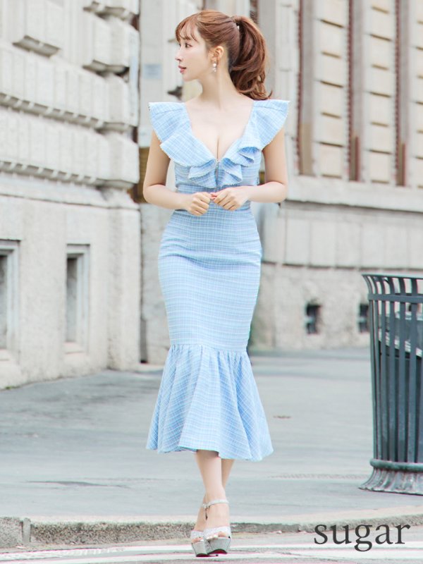 画像19: XSサイズあり【an /アン】チェック/ フリル/ ノースリーブ/ フロントジップ/ マーメイド/ ミディアムドレス / キャバドレス[OF05] (19)