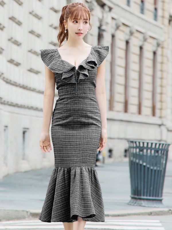 画像33: XSサイズあり【an /アン】チェック/ フリル/ ノースリーブ/ フロントジップ/ マーメイド/ ミディアムドレス / キャバドレス[OF05] (33)