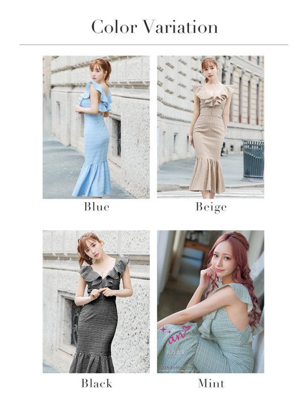 画像50: XSサイズあり【an /アン】チェック/ フリル/ ノースリーブ/ フロントジップ/ マーメイド/ ミディアムドレス / キャバドレス[OF05] (50)