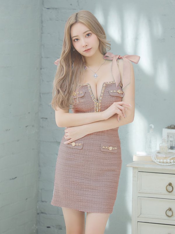 画像18: XSサイズあり【an /アン】 ツイード/ ショルダーリボン/ チェーン/ フロントジップ/ ワンカラー/タイト/ ミニドレス/ キャバドレス[OF05] (18)