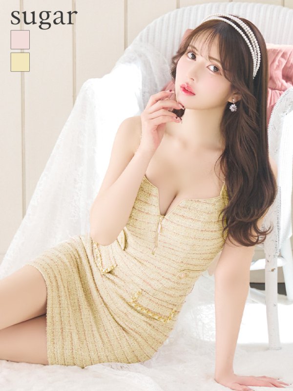 画像12: XSサイズあり【an/アン】ツイード/ チェーン/ バックル/ フロントジップ/ ノースリーブ/ バックリボン/ タイト/ ミニドレス/ キャバドレス[OF05] (12)