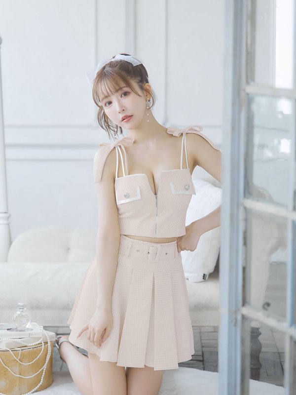 画像14: XSサイズあり【an /アン】ツイード/ ボタン/ ショルダーリボン/ キャミソール/ セットアップ/ Aライン/ 裾プリーツ/ ミニドレス/ キャバドレス[OF05] (14)