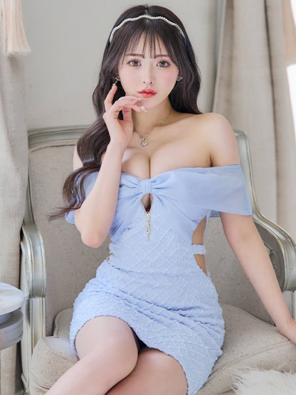 画像10: XSサイズあり【an /アン】オフショル/ リボン/ フロントジップ/ サイドシアー/ タイト/ ミニドレス/ キャバドレス[OF05] (10)