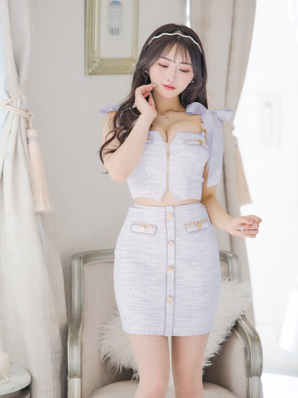 画像2: XSサイズあり【an /アン】 ショルダーリボン/ フロントジップ/ ゴールドバックル/ ボタン/ セットアップ/タイト/ ミニドレス/ キャバドレス[OF05] (2)